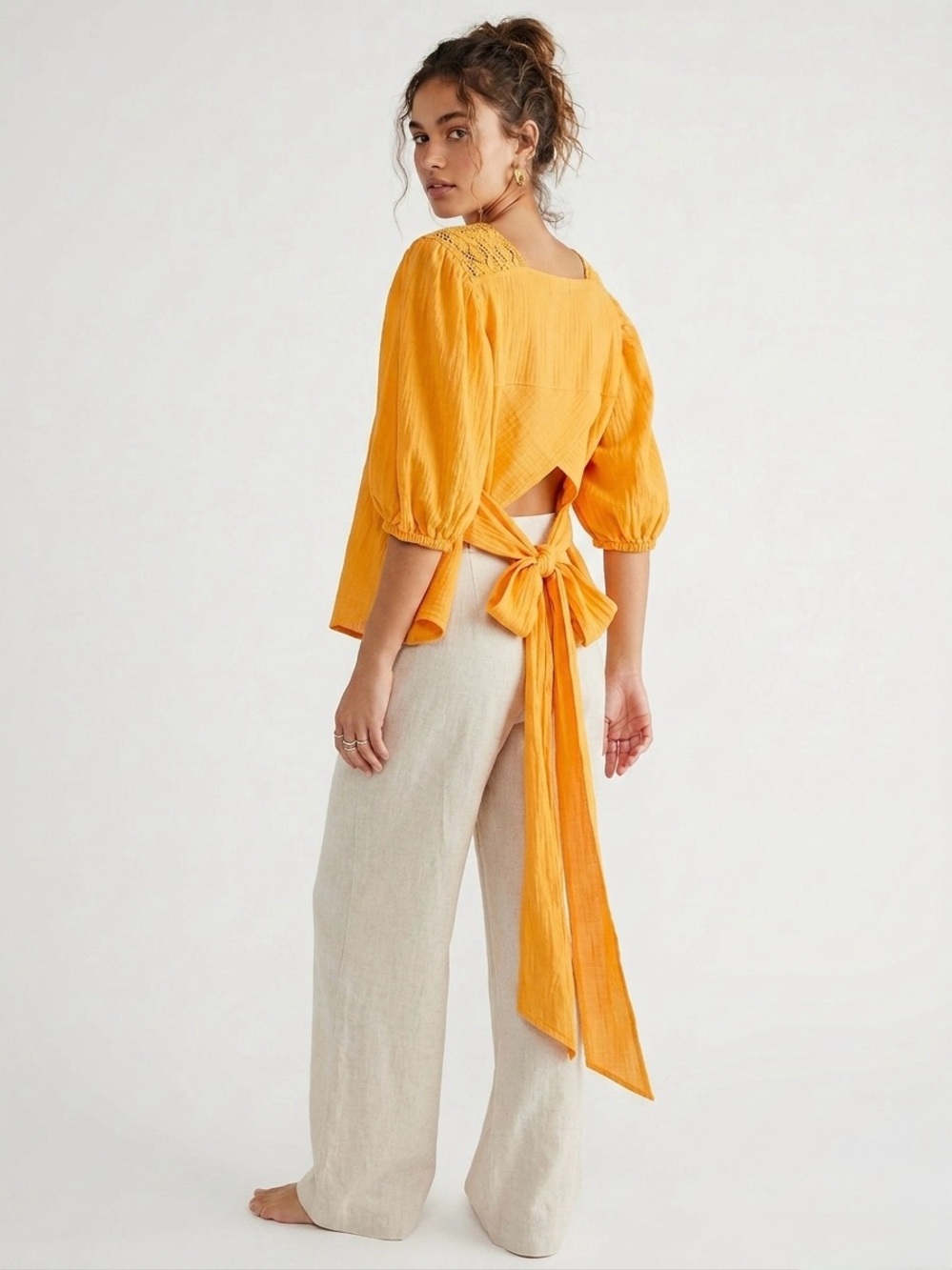 Yellow-Orange Crochet Yoke Puff Sleeve Top with Back Ties Boho Summer